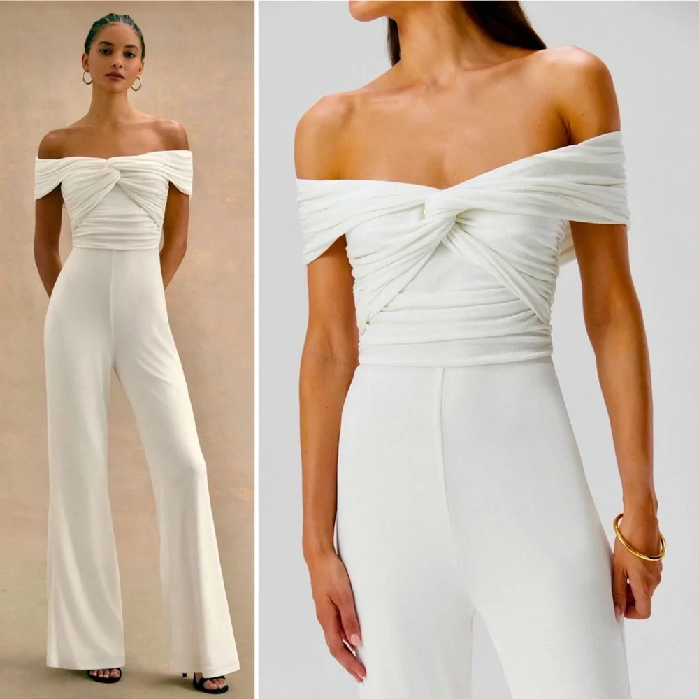 MISHA Alisa Slinky Off Shoulder Wide Leg Twist Jumpsuit in Ivory Ailsa Medium M